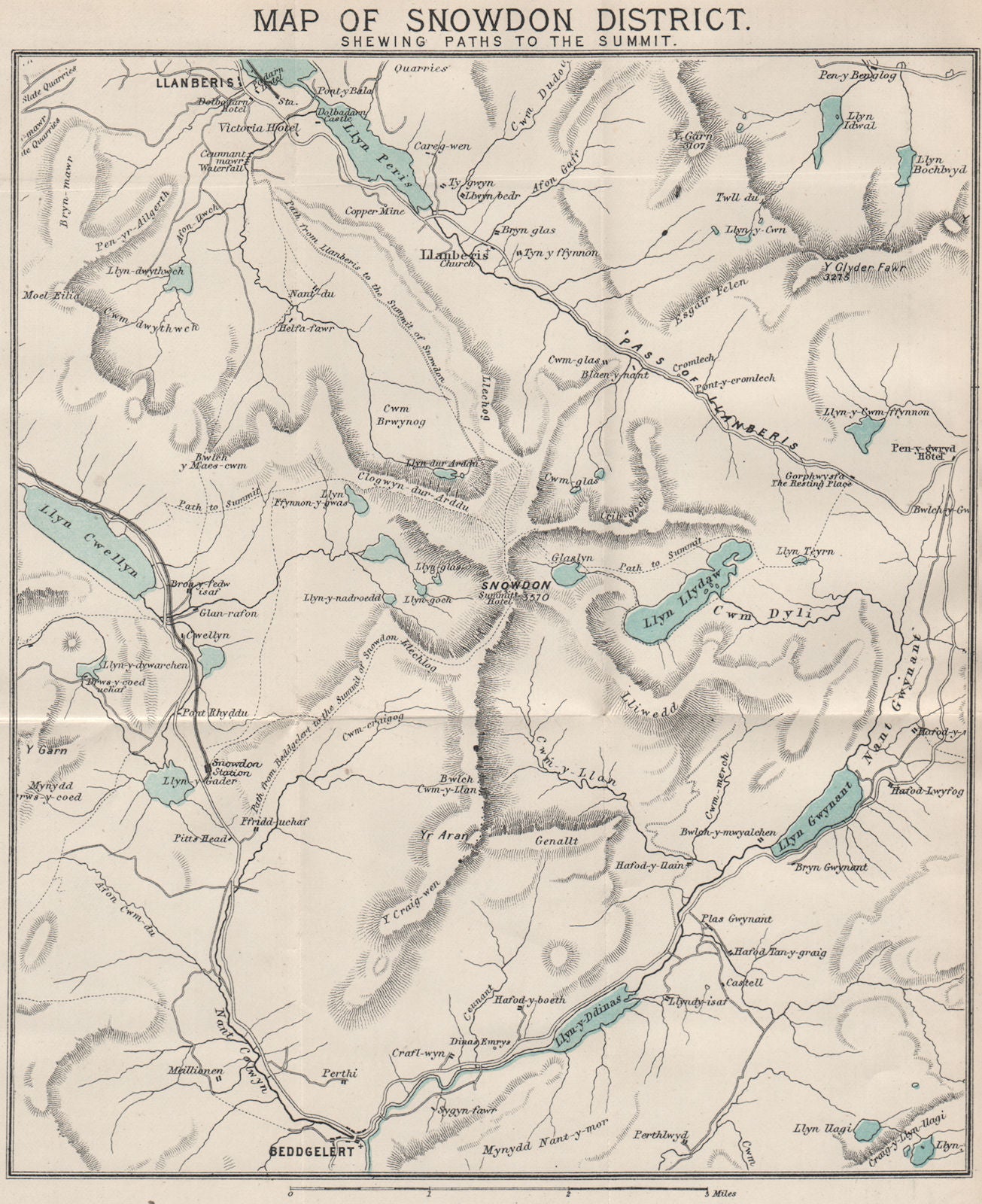 SNOWDON SHOWING PATHS TO SUMMIT. Llanberis. WARD LOCK 1893 old antique map